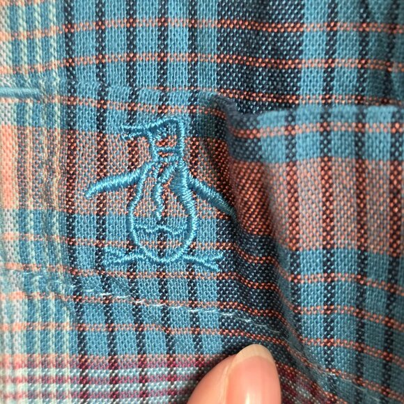 Original Penguin Shirt Mens 2XL Blue Pink Plaid Button Down Mosaic EcoVero Logo - Picture 7 of 16